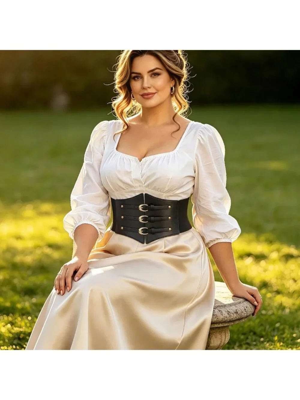 Wide Elastic Corset Belt for Women | Underbust PU Leather Waist Belt with Gold